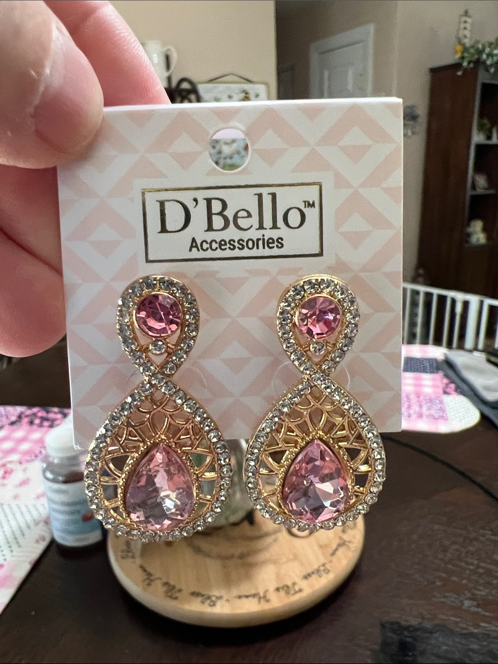 D'Bello Pink Crystal Drop Earrings in Gold Tone